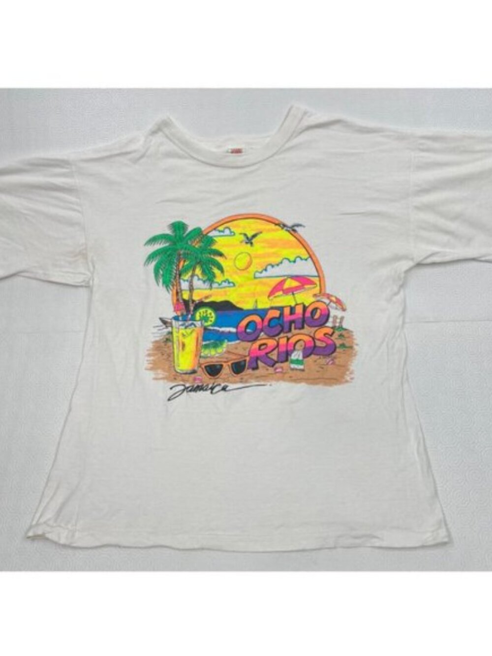 Vintage 1992 Ocho Rios Jamaica Neon Print T-Shirt Single Stitch Tee Men's XL